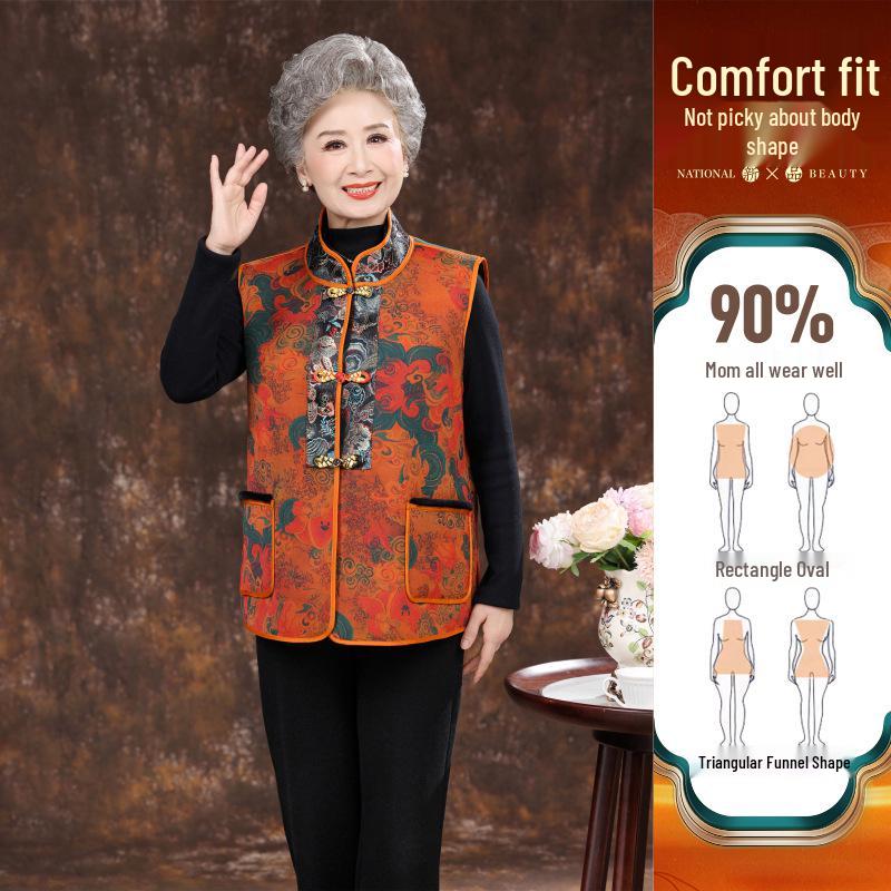 Women's Chinese Style Leather & Fur Vest for Moms & Middle-Aged