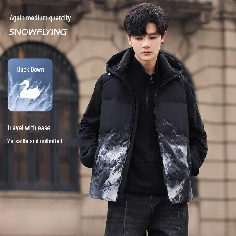 XueZhongFei Men s Hooded Down Vest with Chinese Landscape Print L