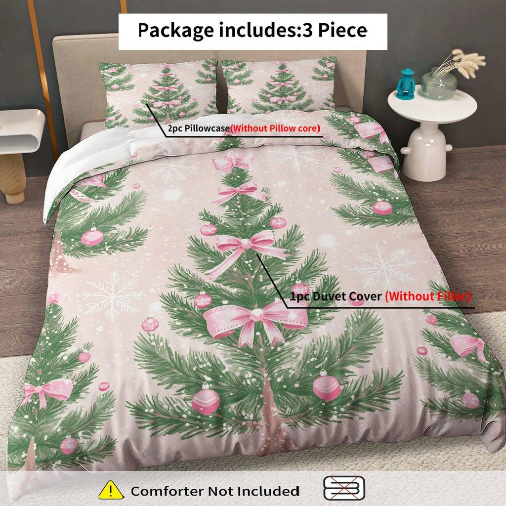 3pcs Festive Christmas Tree & Snowflake Duvet Cover Set - Pink Ribbon Design, Polyester, Zippered, Machine Washable