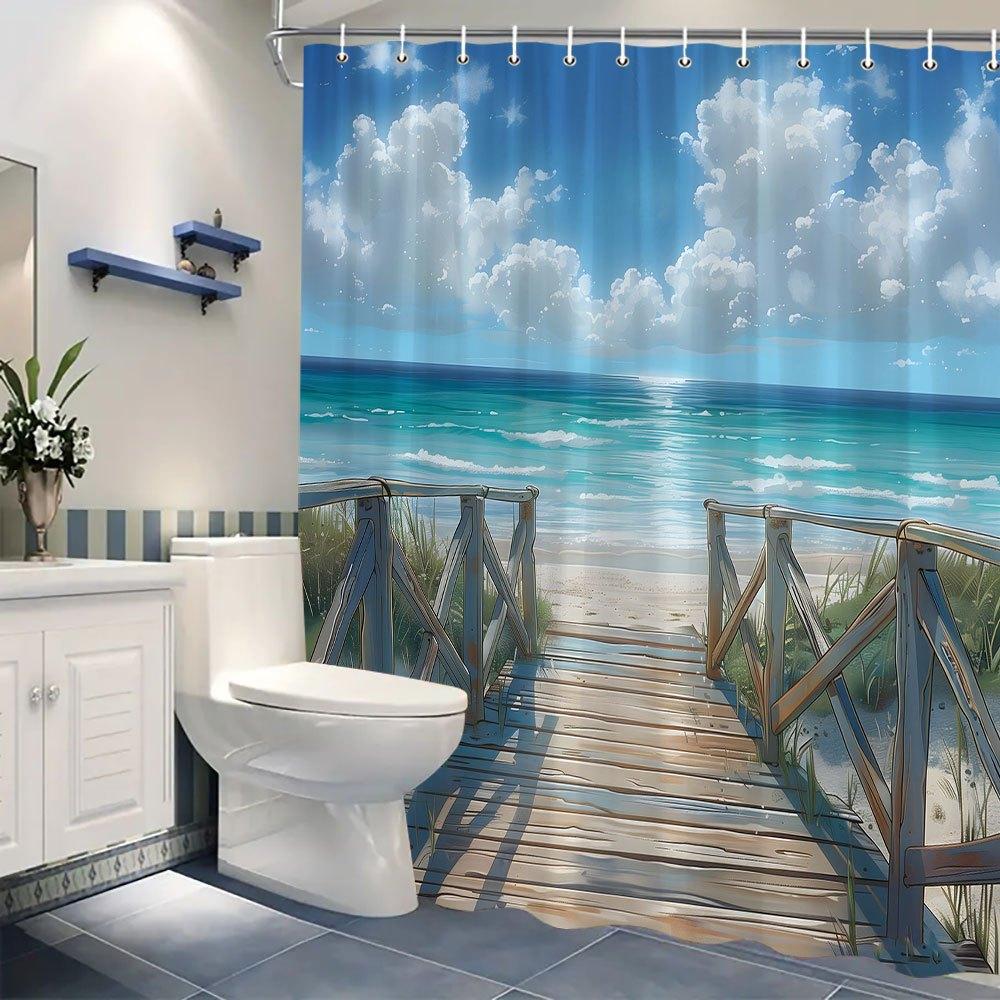 Waterproof Shower Curtain with Scenic Beach Pathway Design Bringing the Serenity of Ocean Views to Your Bathroom Space