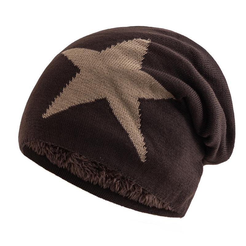 New Unisex Slouchy Winter Hats Five Star Pattern Warm Hats For Men Women Plush Fur Lined Fashion Ski Beanie Cap