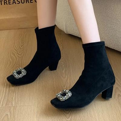 Damenschuhe im Sale 2024 Mode Ärmel Damenstiefel Winter Eckige Zehen Pailletten Uni Kurzer Schaft Klobige Absätze Damenstiefel