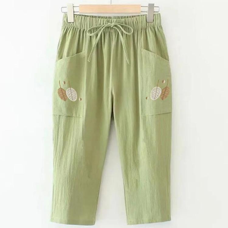 

Женские летние хлопковые капри, прямые брюки, эластичная талия, вышитые, повседневные, универсальные, большого размера, тонкие, новые, 100% хлопок 4XL