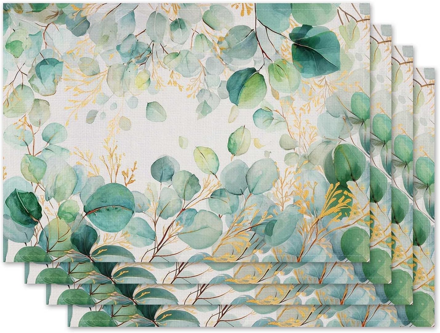 

Green Eucalyptus Leaves Placemat Set of 4 Spring Plants Placemats Spring Summer Table Mats for Indoor Outdoor Home Party Kitchen Dining Decor Farmhous 4Pcs