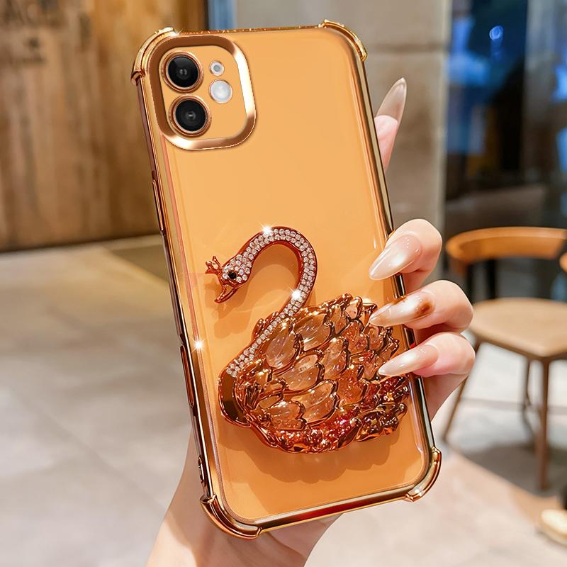KEYSION Shockproof Plating Phone Case for iPhone 11 12 Pro Max Clear TPU Glitter Jewelled Swan kickstand Back Cover for iPhone 11