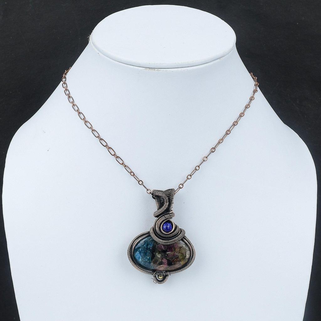 Copper Watermelon Tourmaline Pendant Copper Wire Wrapped Pendant Lapis Lazuli Pendant Gemstone Copper Jewelry Gift For Mom Handmade Pendant
