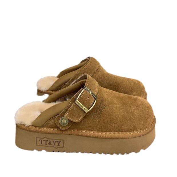 European Matte Leather Fashion Boken Shoes Lamb Wool Slippers Women's 2024 New Autumn Thick-soled Bag Head Half Slippers