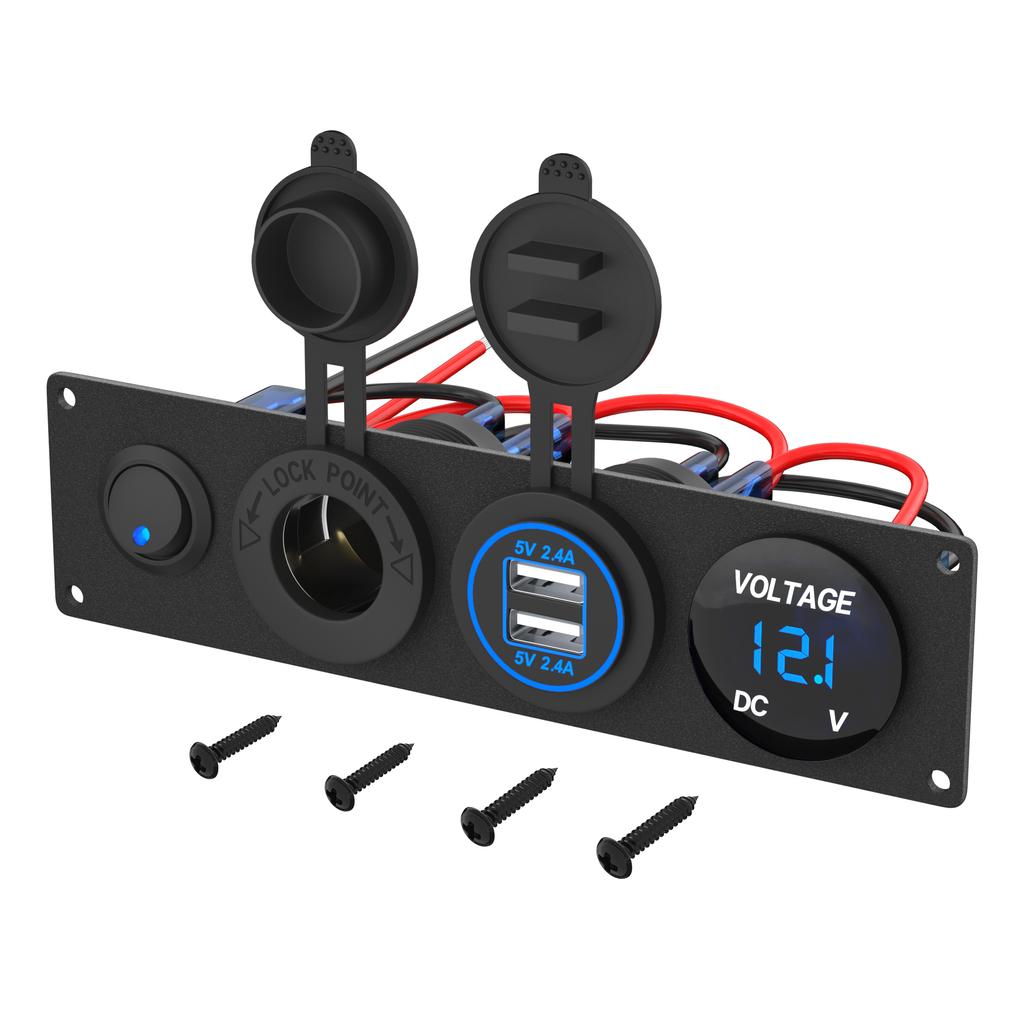 4 in 1 ON/OFF Charger Socket Panel Dual USB Socket Power Outlet & LED Voltmeter &Cigarette Lighter Socket& LED Switch