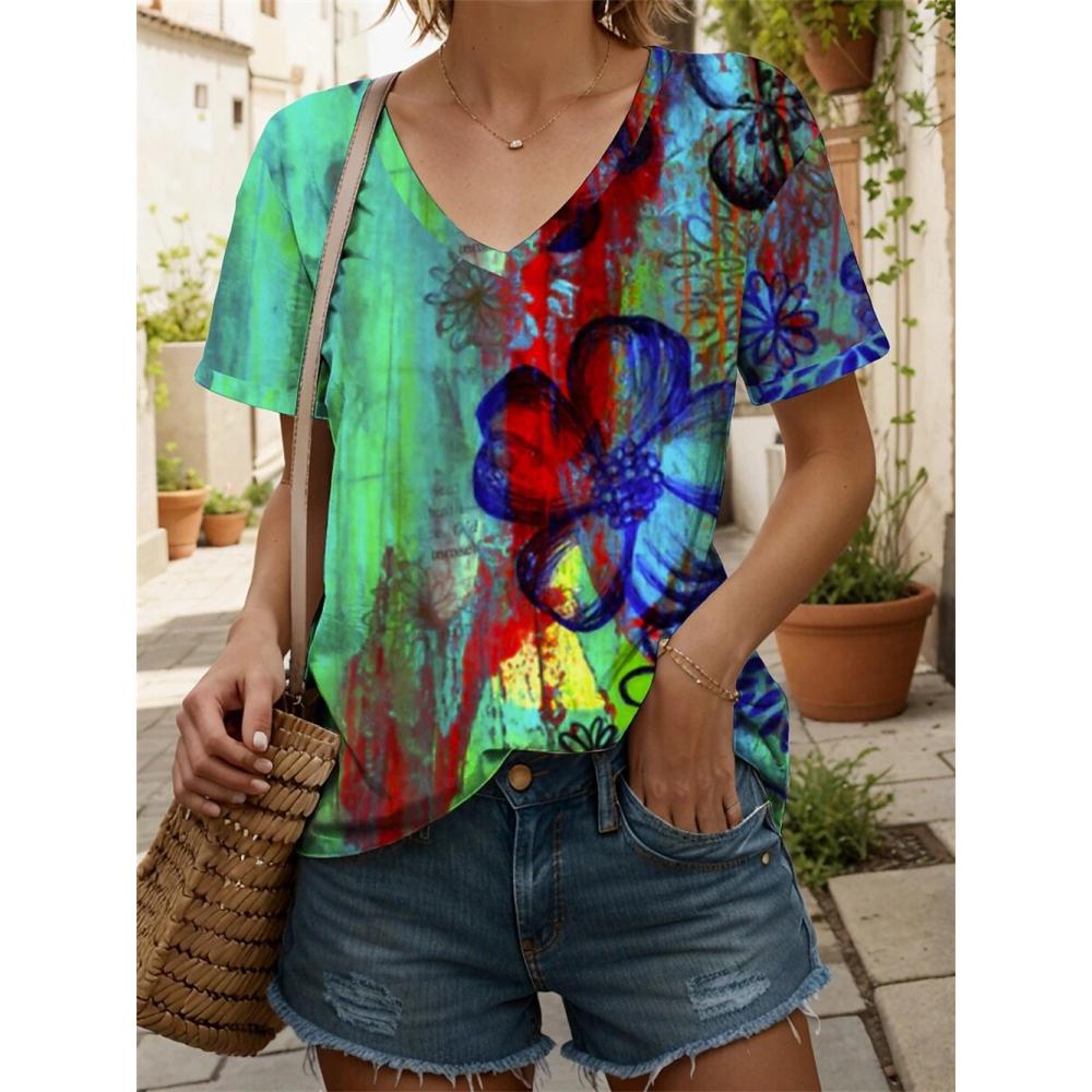 Damski T-shirt Abstrakcyjny Obraz Olejny Nadruk Kwiatowy Retro Oversize Krótki Rękaw Casual Oversize Dekolt w Serek Lato Odzież Damska