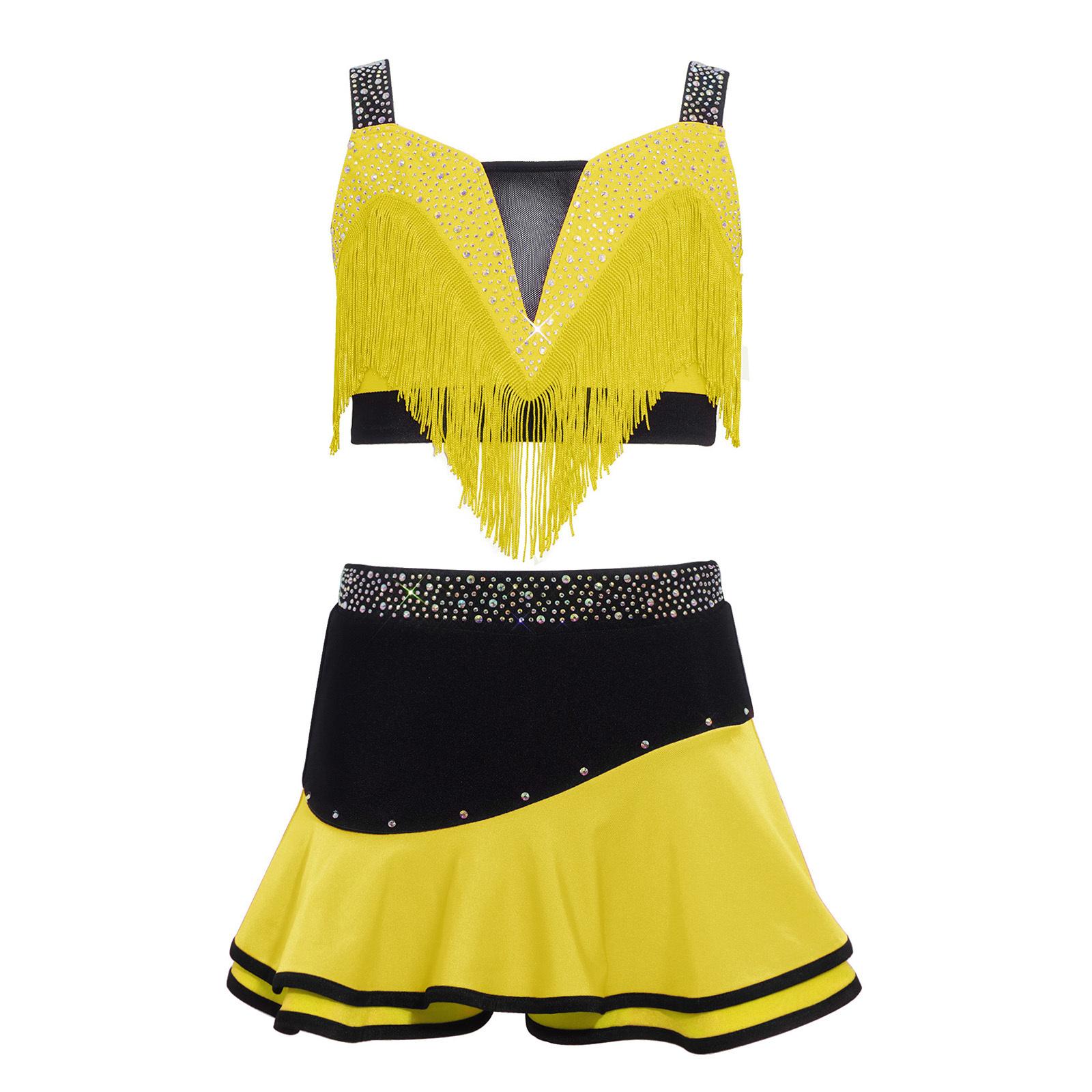 

Girls Latin Dance Outfit Wide Shoulder Straps Tassels Rhinestones Crop Top Elastic Waistband Skirt Tango Rumba Ballroom 5-6 Years жовтий