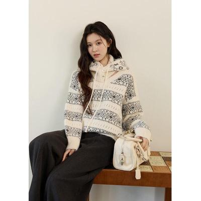 Women's Jacquard Knit Hooded Two-Piece Sweater Set