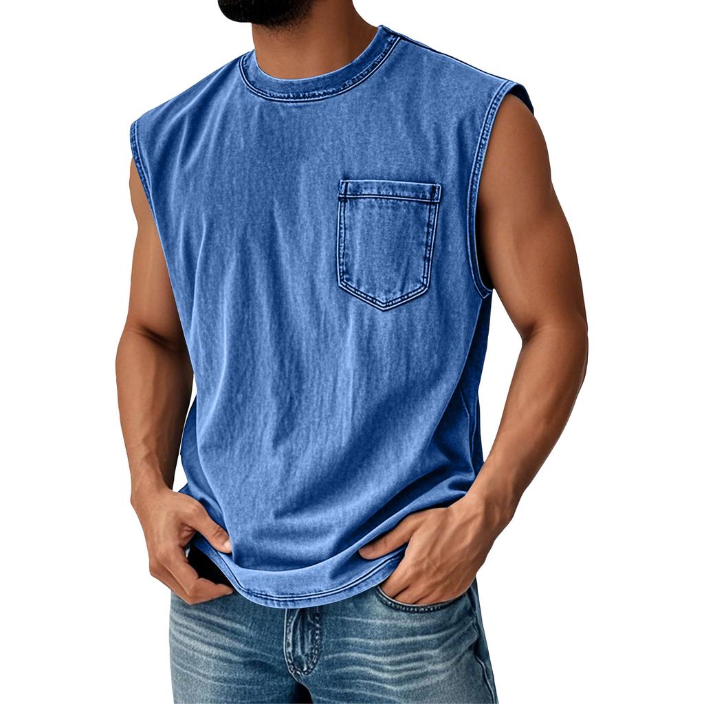 Men Sleeveless Muscle Tank Top Crew Neck Casual Pocket Design Relaxed Fit Vintage Style Shirt for Summer Daily Wear