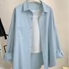 Women's Casual Loose-Fit Blue Twill Shirt Jacket - Long Sleeve, Lapel, Autumn/Winter Trendy Top