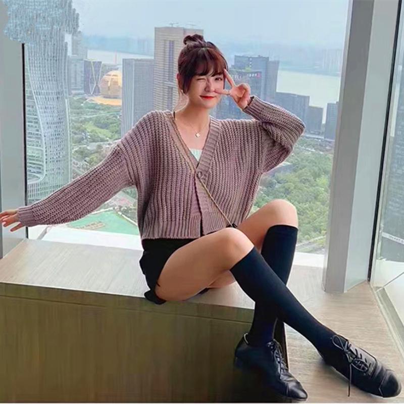 Fashionable V-neck pink elegant ladies sweater jacket, loose casual ladies short knitted cardigan6099#