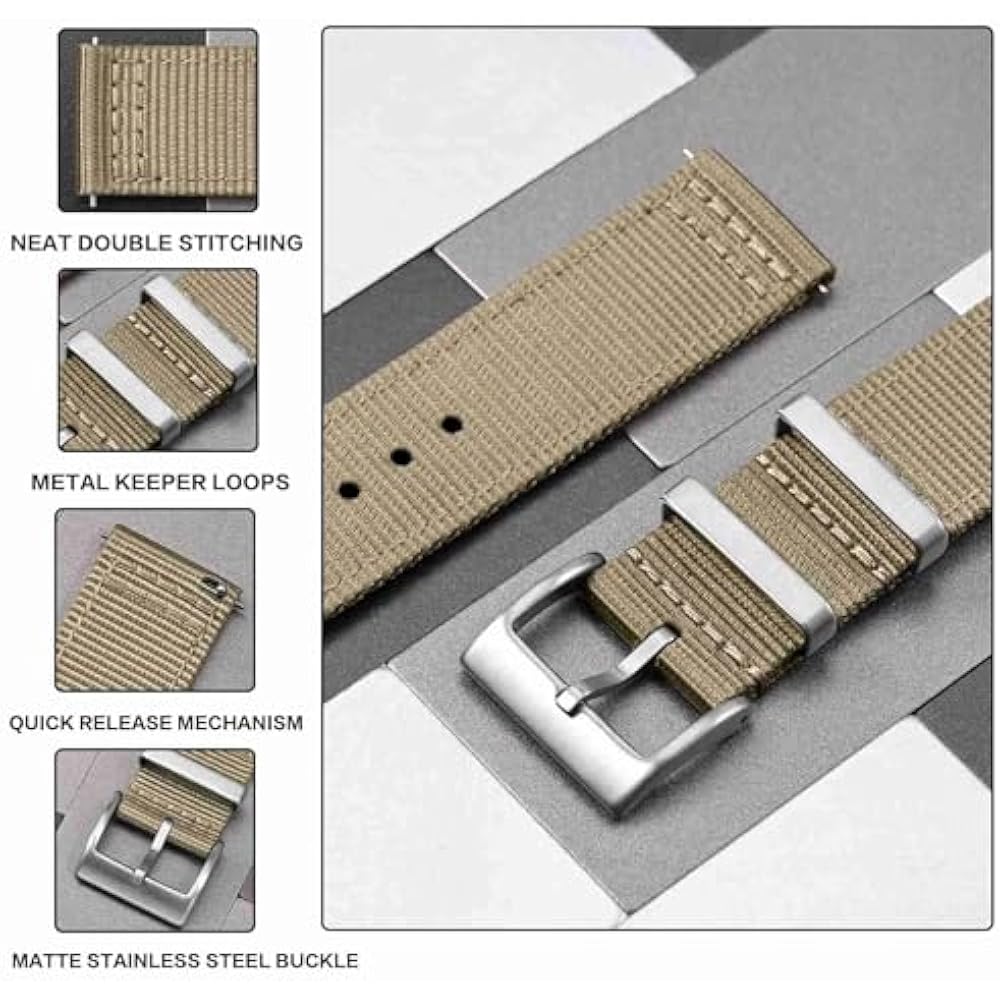 [ANBEER] 20mm Nylon Two-Piece Quick Release Replacement Strap with Metal Loop Khaki Silver Buckle