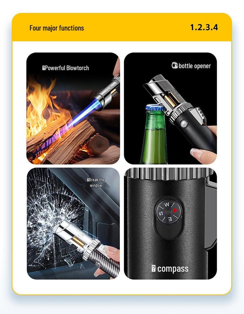 Multifunctional Windproof Lighter: Torch, Cigar Jet Flame, Wine Opener, Compass, Window Breaker