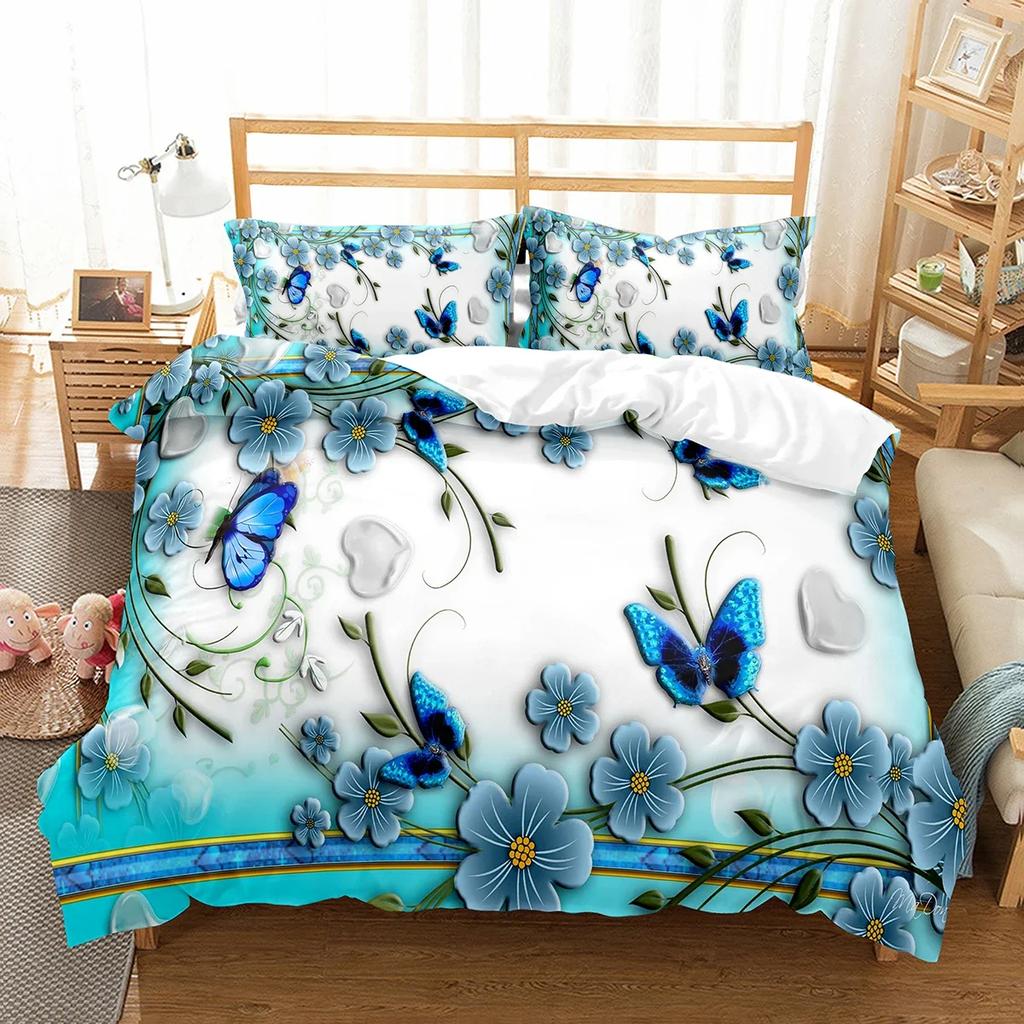 Butterfly And Flower Duvet Cover Girls Botanical Floral Bedding Set Microfiber Garden Flower Print Quilt Cover Twin King Size