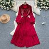 Retro Embroidery  Collar Lantern Sve Waist Cinching Slimming Single Button  High Waist A-Line Summer Dress