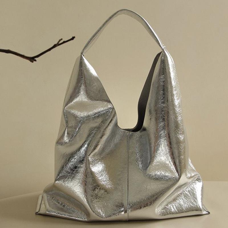Large Capacity Silver Bags for Women and Designer Luxury Brand Shoulder Shopping Handbags  New In Soft Tote PU Leather
