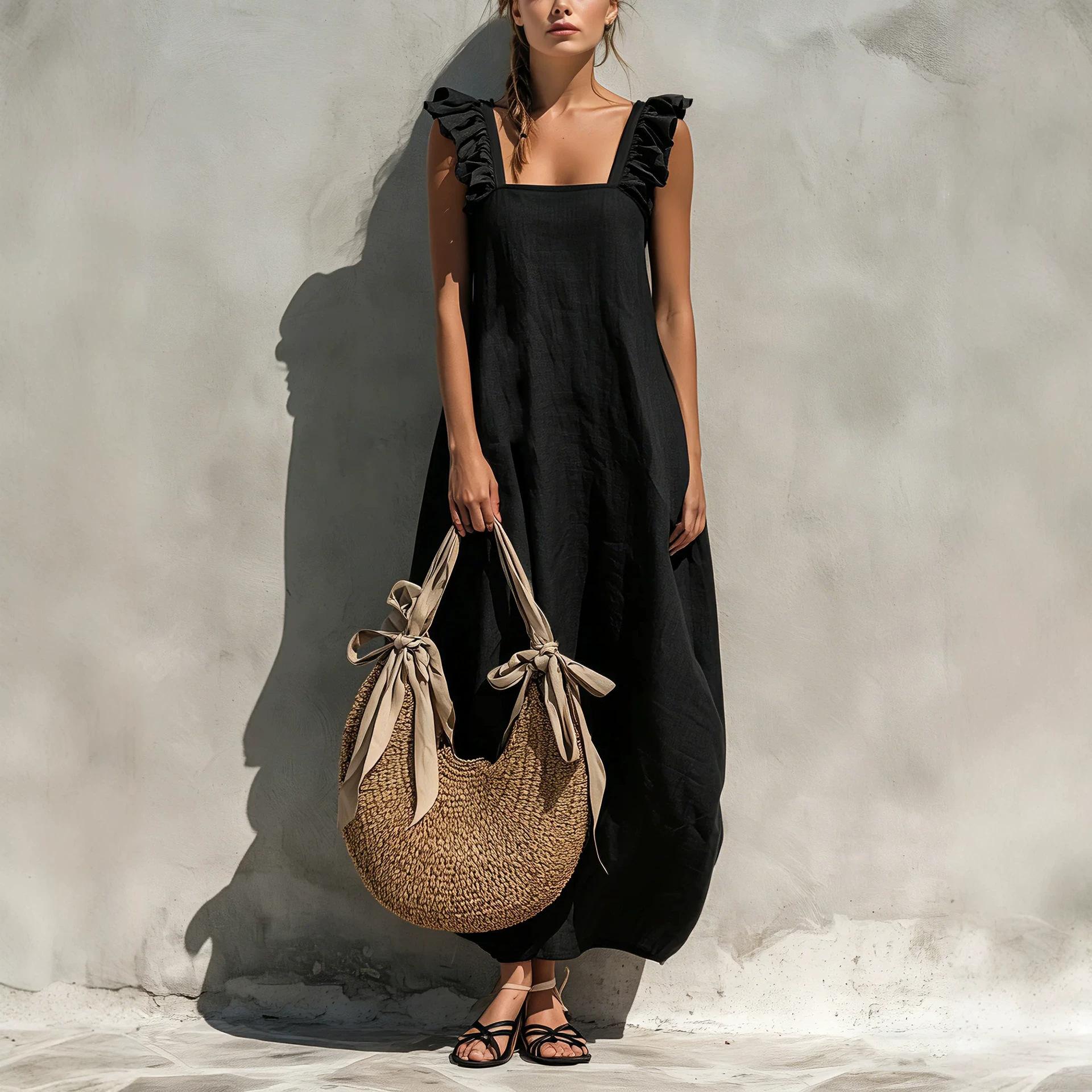 2026 European and American spring new solid color temperament women s simple cotton and linen blend sleeveless dress S
