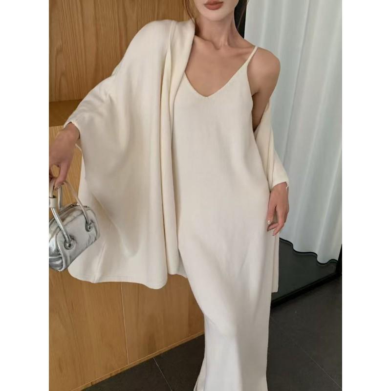 Womens Elegant Knit Two-Piece Set: Batwing Sleeve Sweater Long Slip Dress Casual Outfit In Wool Blend