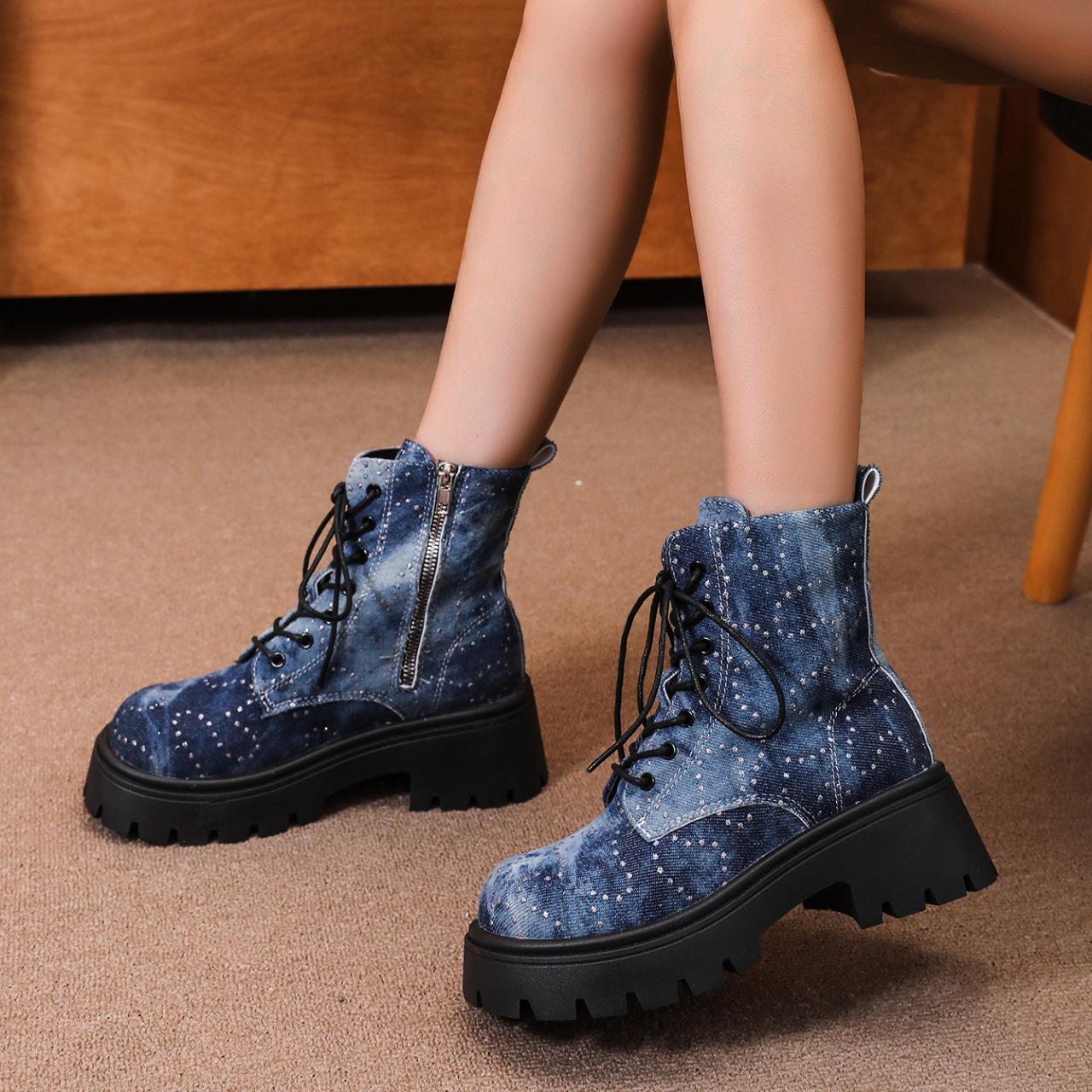 

Модные женские ботильоны из денима на платформе с кристаллами и толстым каблуком, короткие женские ботинки с толстой подошвой, нескользящие, мотоциклетные ботинки для женщин 41 темно-синий