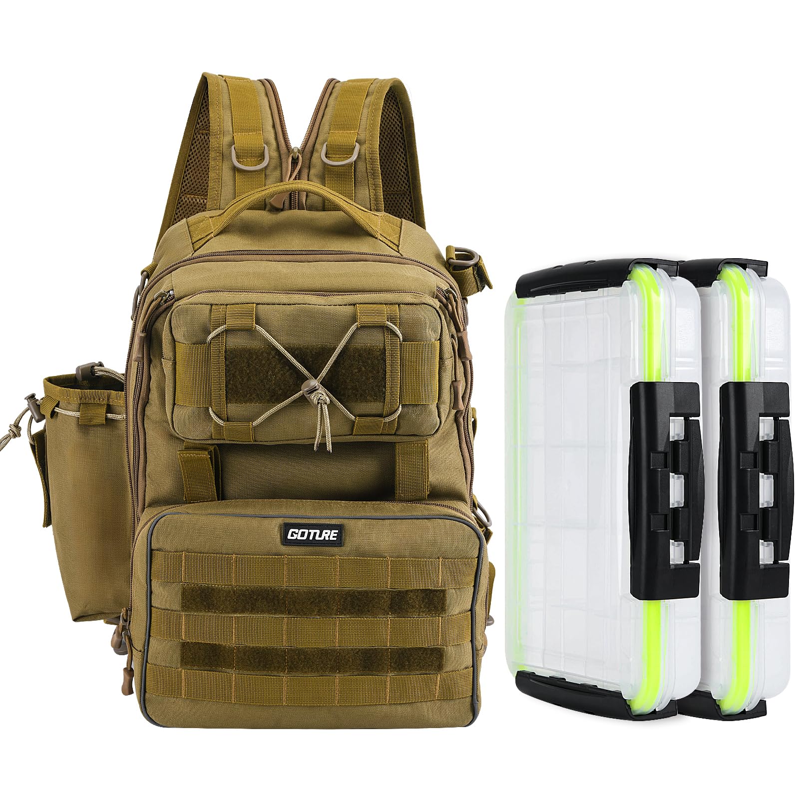 

Goture Fishing Waterproof Backpack with Two Lure Large Tackle Tool Storage Bag for Hiking and Outdoor Khaki Bag, 5-Way Cases, Multifunctional,