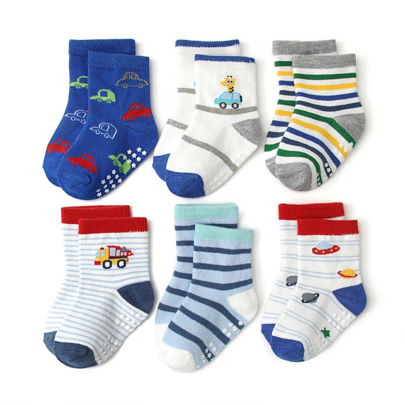 6 Paires Chaussettes Antidérapantes Garçons Enfants Motif Dessin Animé Mignon Respirantes Confortables Chaussettes d'Intérieur Enfants Pour Toutes les Saisons S 0-1Y 10-12cm