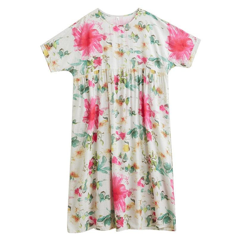 Real shot summer thin cotton and linen round neck short sleeve simple flower bohemian medium and long foreign trade dress women