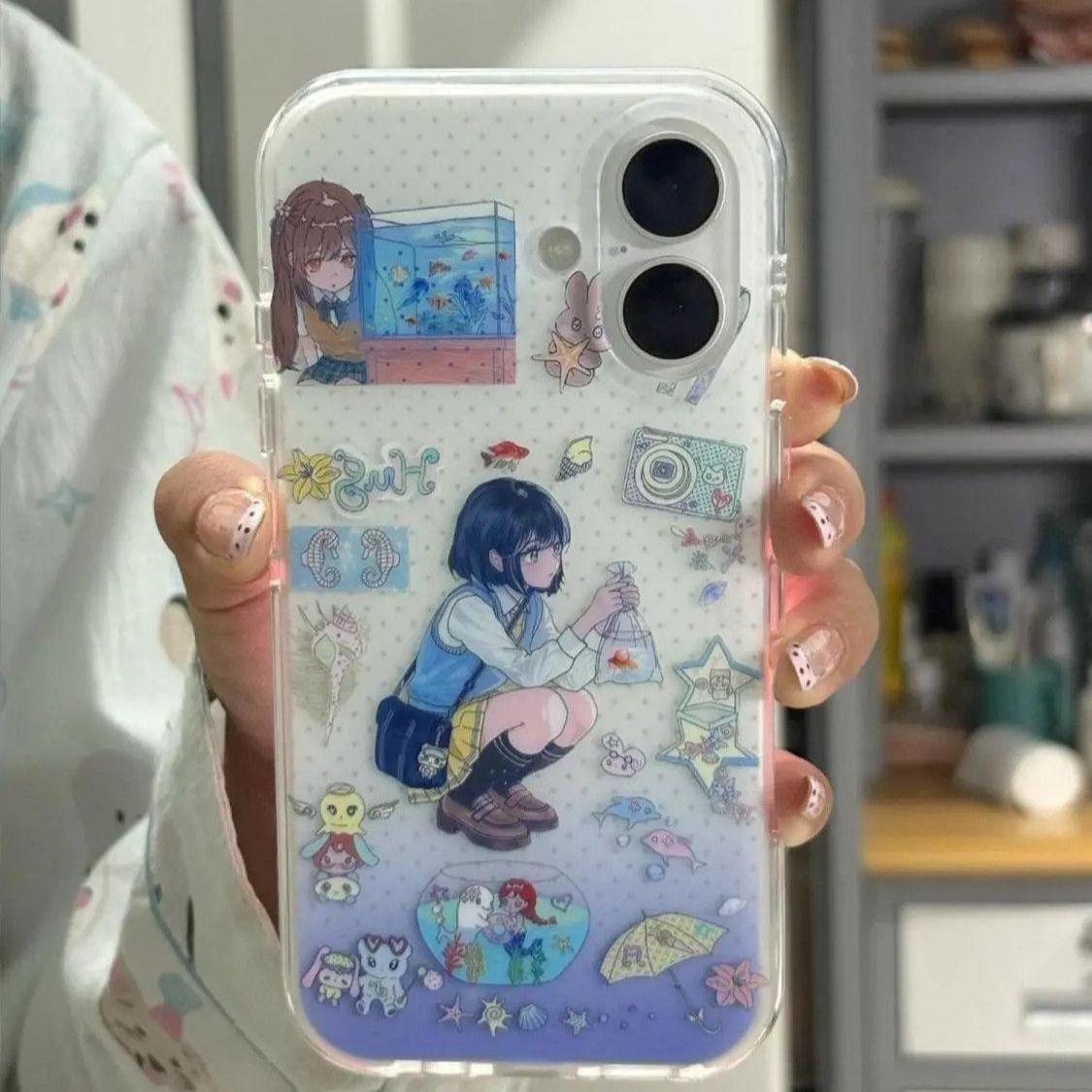 

Korean Ins Style Creative Dotted Goldfish Girl Phone Case For iPhone 17 16 15 14 13 12 11Pro Max 17Air Mini Plus Sweet Y2K Cover iPhone 15 Pro Max