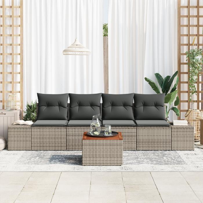 VidaXL Canapé de jardin 5 pièces avec coussins Gris Poly Rattan Acacia 3356557