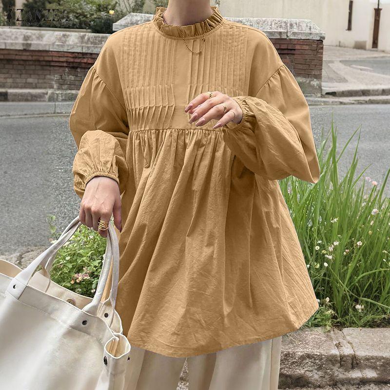 ZANZEA Camicetta casual da donna a maniche lunghe con scollo rotondo e tinta unita