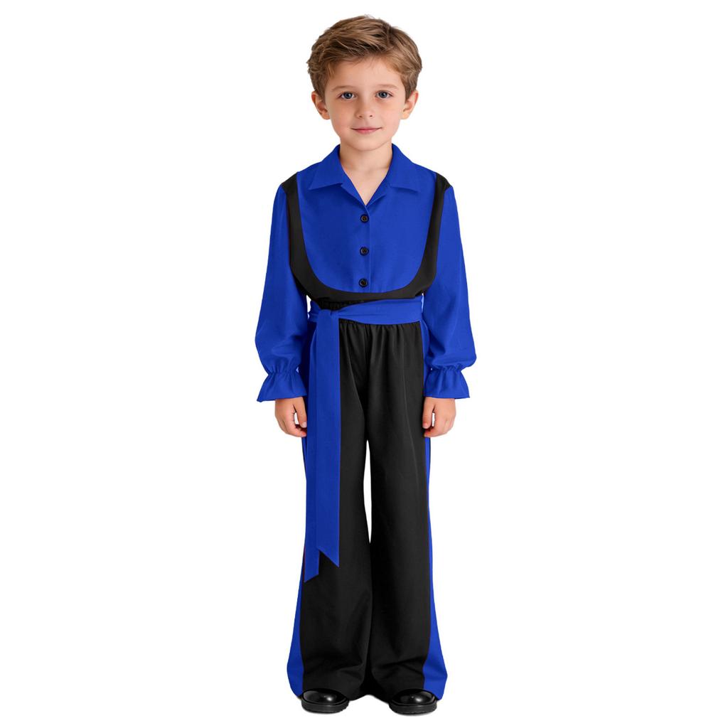 Chlapecký outfit na flamenco tanec Color Block Sklápěcí límeček Dlouhý naberaný rukáv Svetr Kalhoty s elastickým pasem Pásek