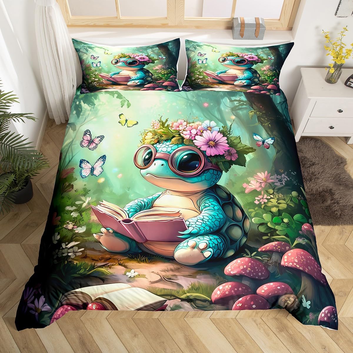 

Comforter Turtle Butterfly And Flower For Kids Boys Girls Lightweight With 2 Cartoon Turtle Bedding Set Comforter (quilt)-EU Single(135*200cm)3pcs