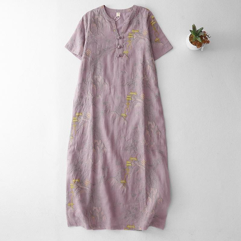 

Легкая дышащая вышивка текстура хлопок и лен платье женское V-образный вырез пряжка короткий рукав миди и длинная юбка лето 2XL