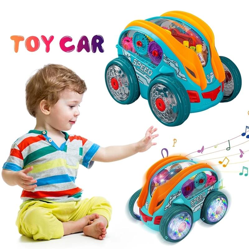 Children's Cartoon Gear Car Toy Lights Music Pull-back Transparent Stunt Car Sliding Toy Boy Girl Electric Stunt Rolling Car Toy