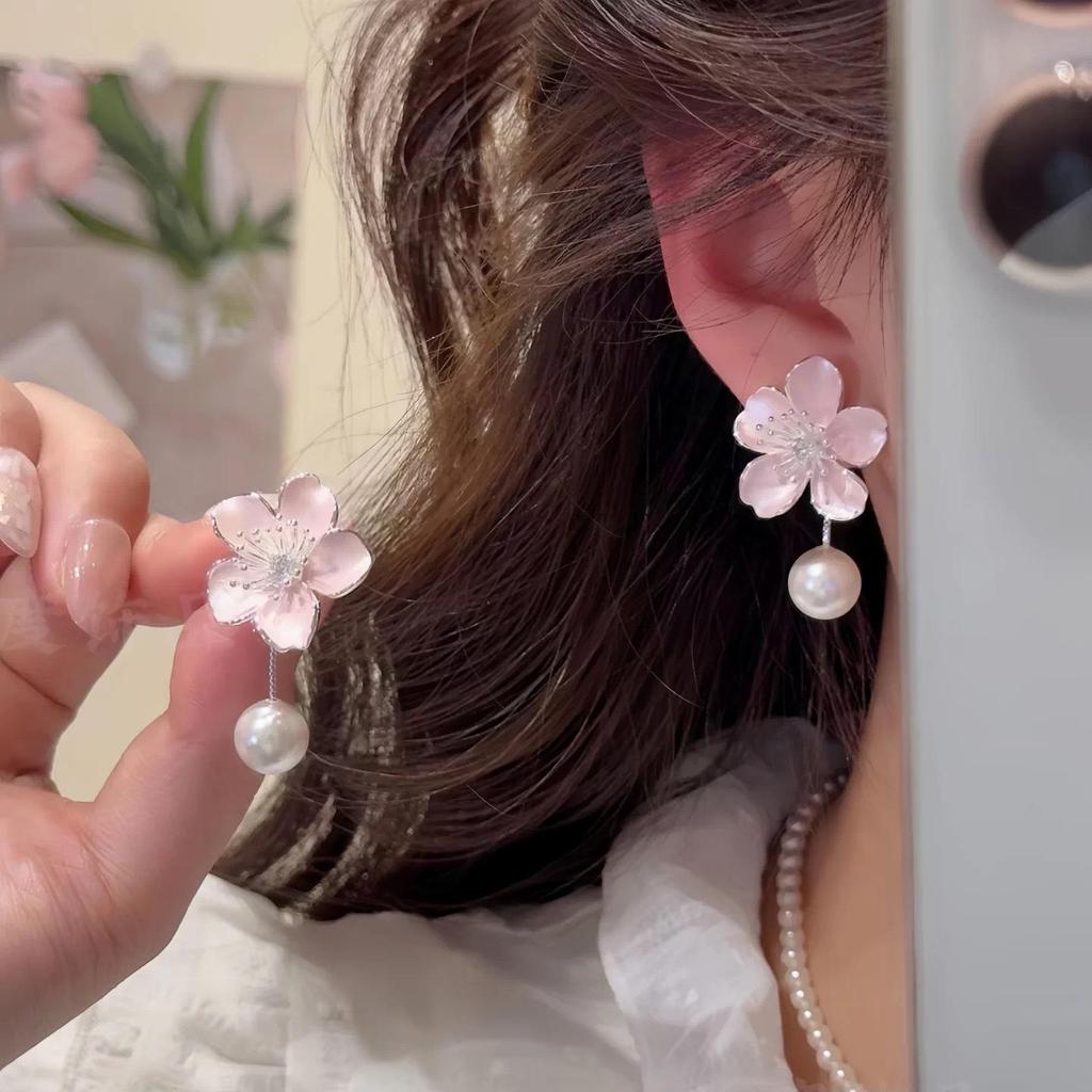 Cherry Blossom Stud Earrings - Korean Style, Light Pink Flower, Elegant and Versatile Design for Women