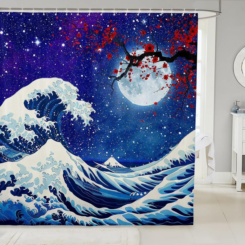 Japanese Wave Shower Curtain Kids Cherry Blossoms Bathroom Shower Curtain Set For Boys Girls Japanese Ukiyoe Theme Home Decor