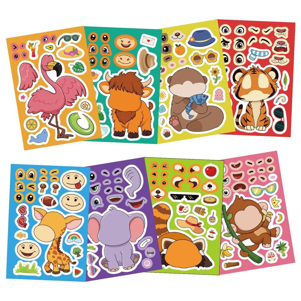Original Cute Animal Face Swap Stickers - 8 Sheets (Giraffe, Elephant) for Children's Educational Learning Puzzles