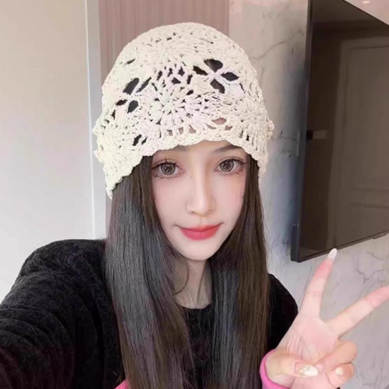 Women'S Solid Color Crochet Hollow Knitted Hat Summer  Vintage Beanie