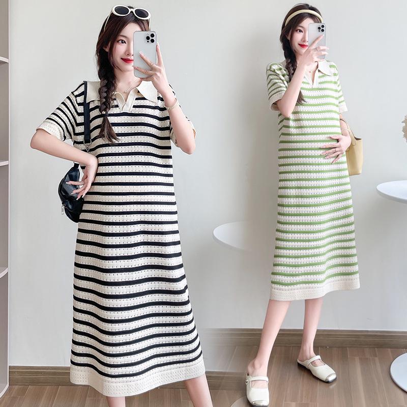 2026 Summer Striped Knit V-Neck Mid-Length Maternity Dress