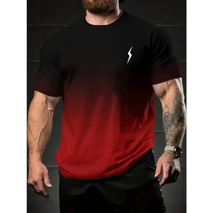Men's Summer Fashion, Thunder Graphic Print And Gradient Color Crew Neck And Short Sleeve T-shirt, Tops For Daily And Casual Outerwear