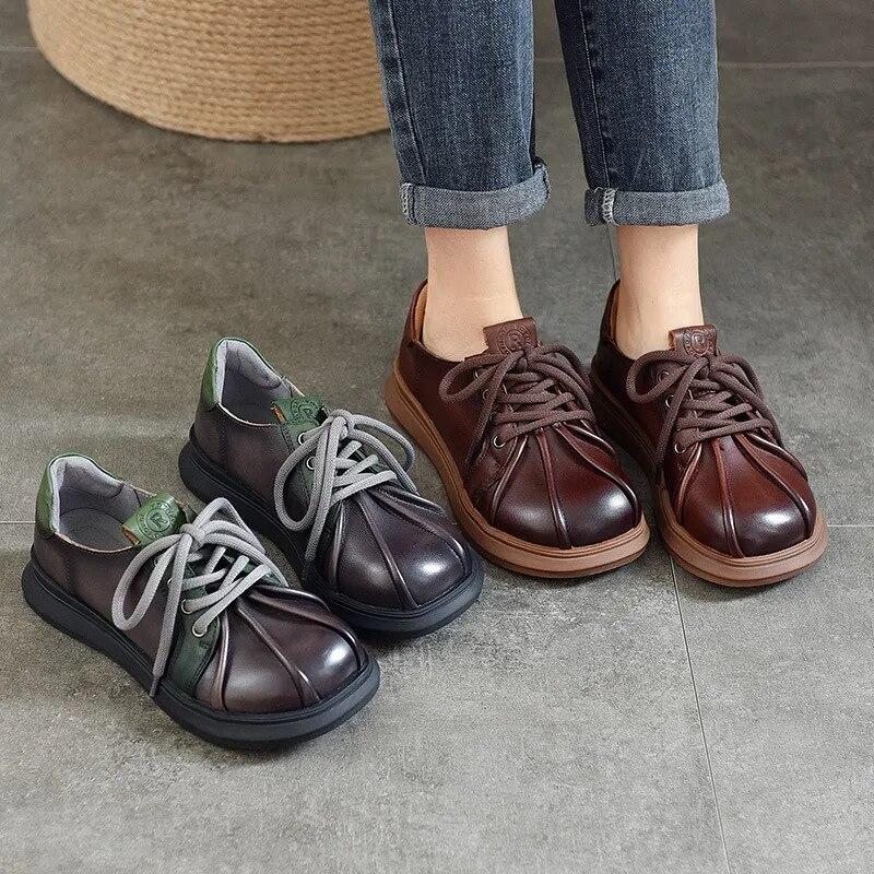 Johnature Flache Retro-Schuhe aus echtem Leder mit runder Spitze, einfarbig, vielseitige Schnür-Damenschuhe