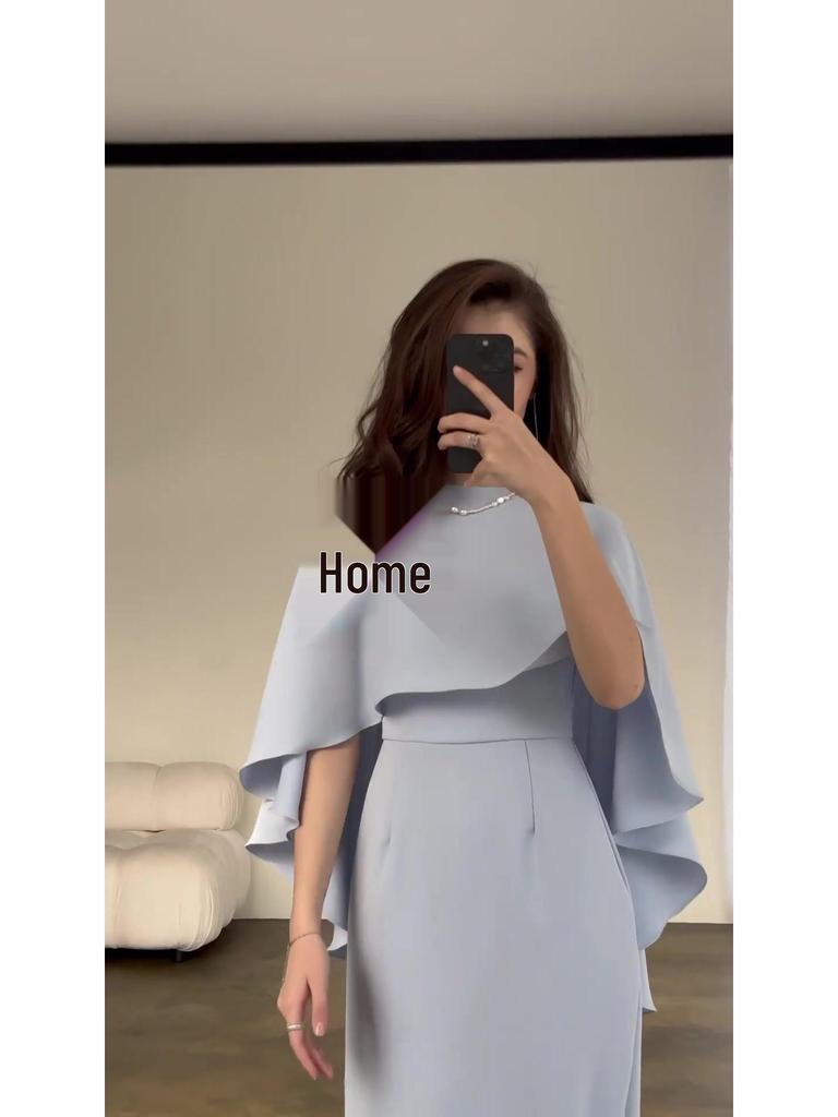 European and American 2024 Solid Color Satin Batwing Shawl Dress with Long Sleeves