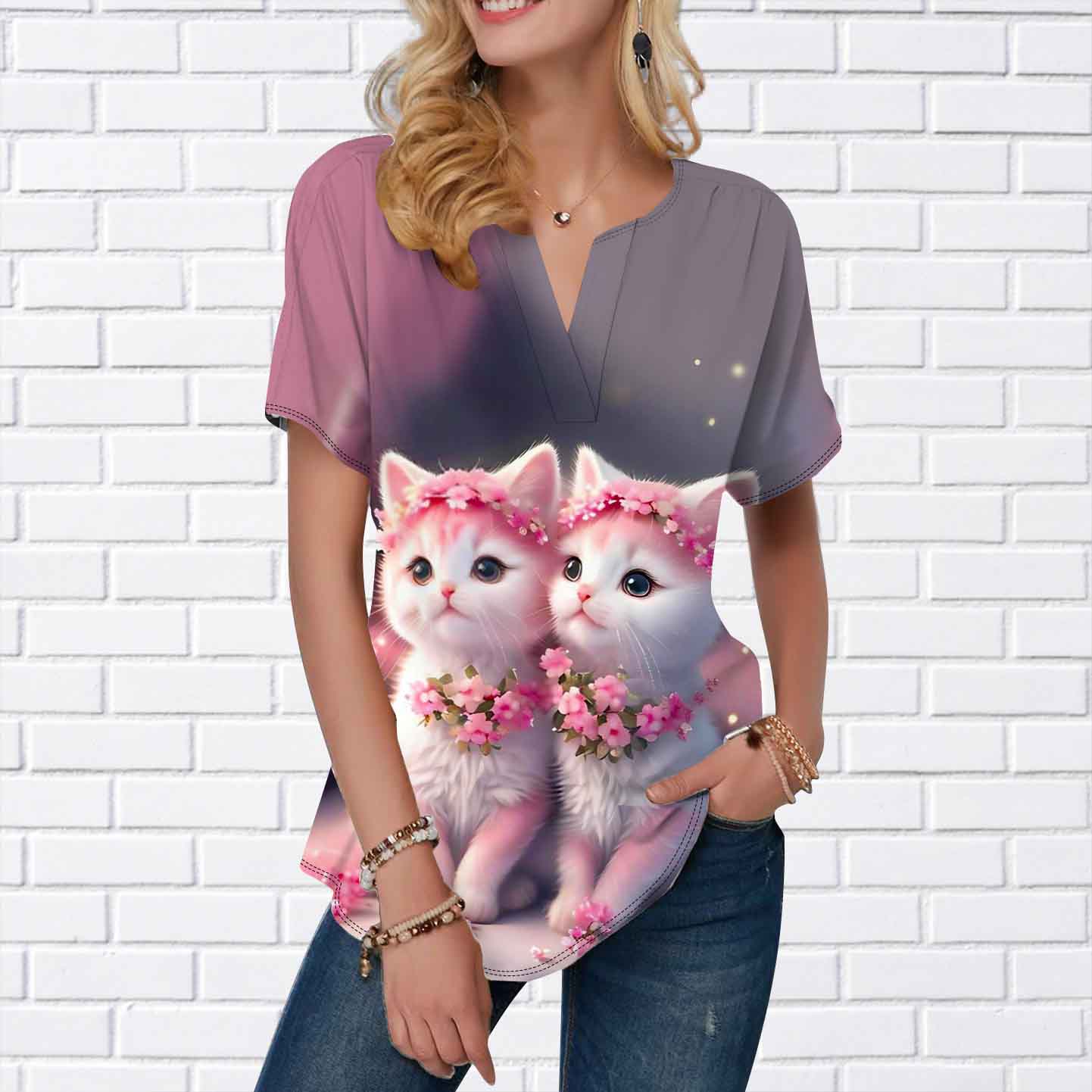 Женская летняя футболка с розовым кошачьим гнездом и принтом с короткими рукавами — фото 3