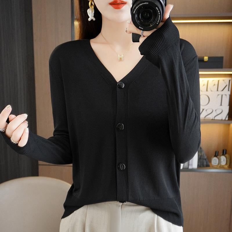 IHUASU Summer Thin Long-sleeved Ice Silk Knitted Women Cardigan Jacket Sun Shirt Air Conditioning Shirt with Skirt V-neck Outwear Tops