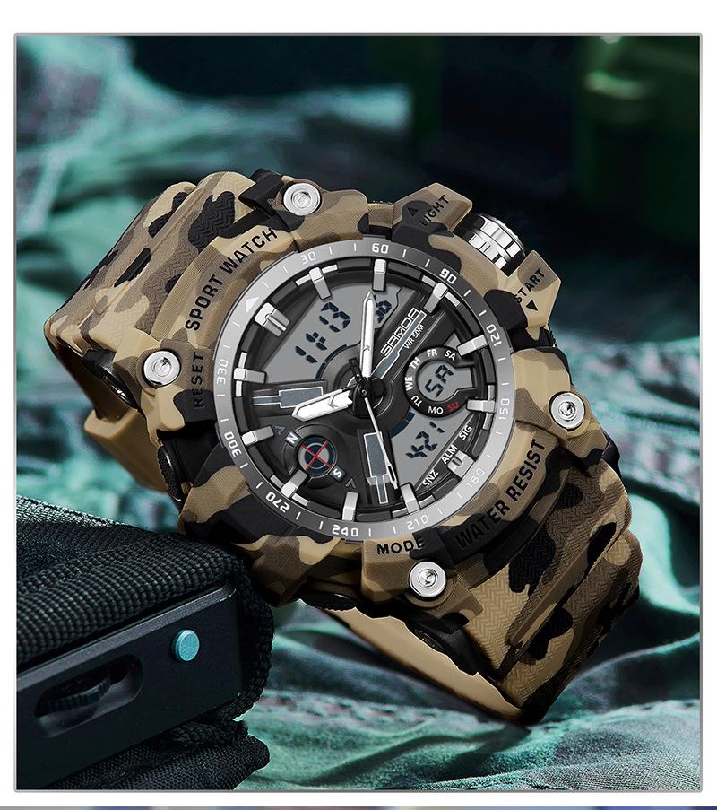Sanda Men's Multifunctional Camouflage Outdoor Sports Watch – Waterproof with Dual Display and Alarm Clock.