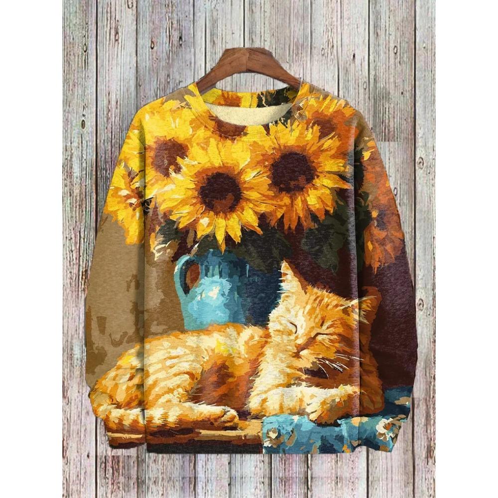 Spring Autumn Sweatshirt Pullover Anime Cat Casual Japanese Art Animal 3D Printed O Neck Long Sleeve Hoodies Tops Pullovers
