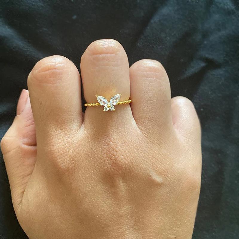 1Pc Fashionable Exquisite Simple Butterfly Single Ring Fashionable Exquisite Inlaid Synthetic Zircon Ring Daily Matching Ring