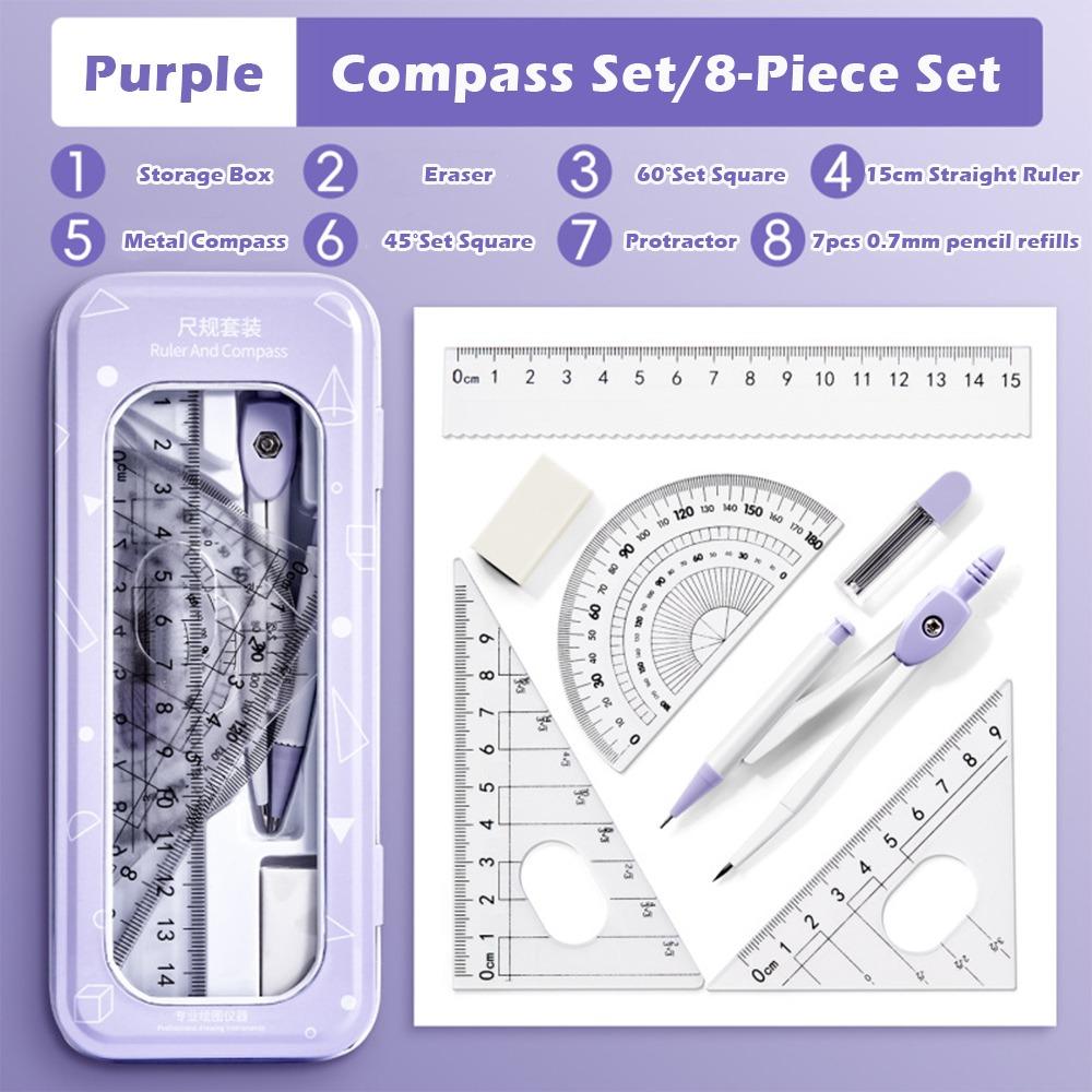 8PCS/Set Plastic Ruler Compasses Set Eraser Straight Ruler Protractor Transparent Set Square Measuring Ruler School Office